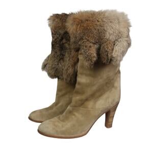 Vintage 80s Maud Frizon Tan Suede Rabbit Fur Trim Heeled Boots 39